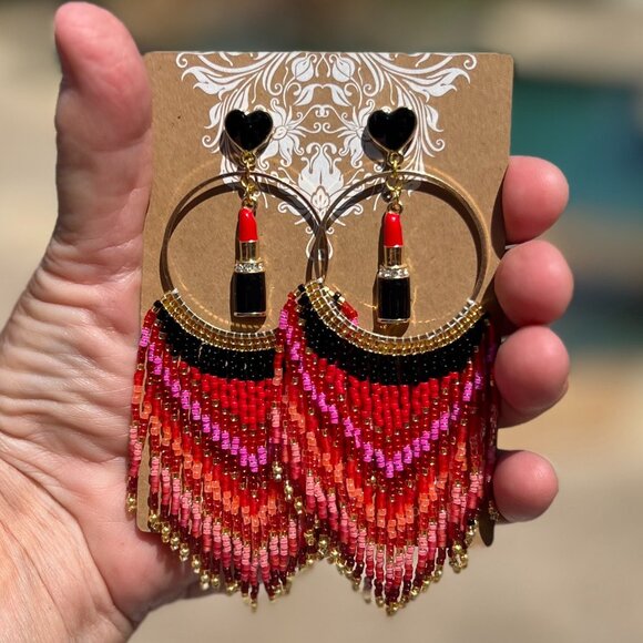 Handmade Beaded Long Tassel Fringe Dangle Drop Lightweight Post Hoop Earrings - Picture 8 of 10